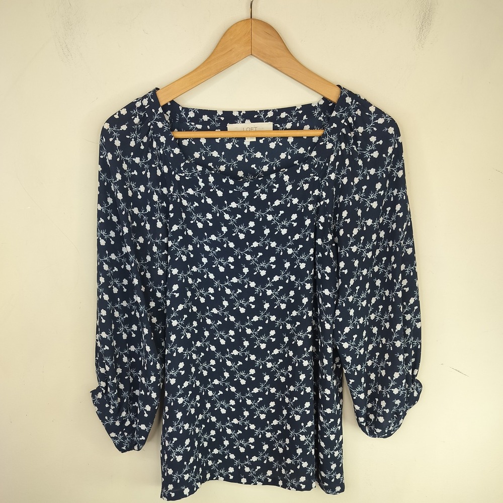 LOFT Floral Blouse Womens XS 3/4 Sleeve Cottagecore Navy‎ Blue